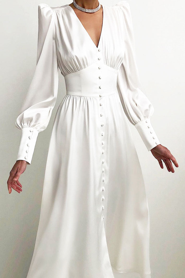 Elegant Lantern Sleeves Satin Midi Dress