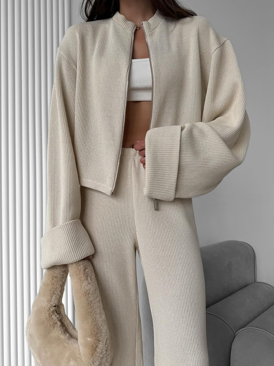Ribbed Knit Zippered Jacket and Pants Two-Piece Suit