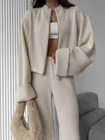 Ribbed Knit Zippered Jacket and Pants Two-Piece Suit