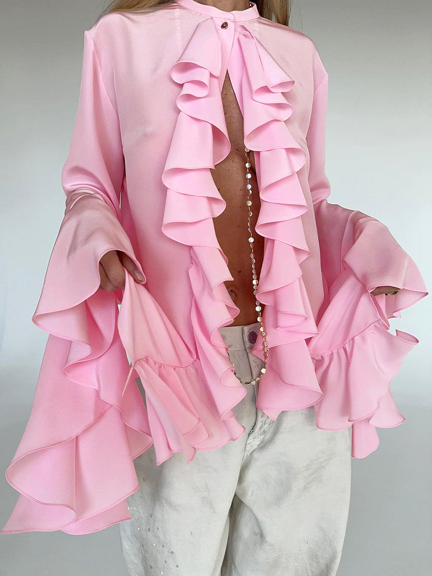 Solid Bell Cuffs Chiffon Ruffled Shirt