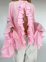 Solid Bell Cuffs Chiffon Ruffled Shirt