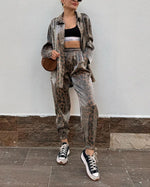 Leopard Print Shirt and Pants Two Piece Suit