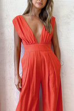 Orange Deep V Linen Sleeveless Jumpsuit