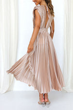Satin Pleated V-Neck Midi Dress