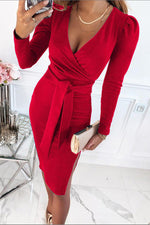 Elegant V-neck Belted Midi Dress