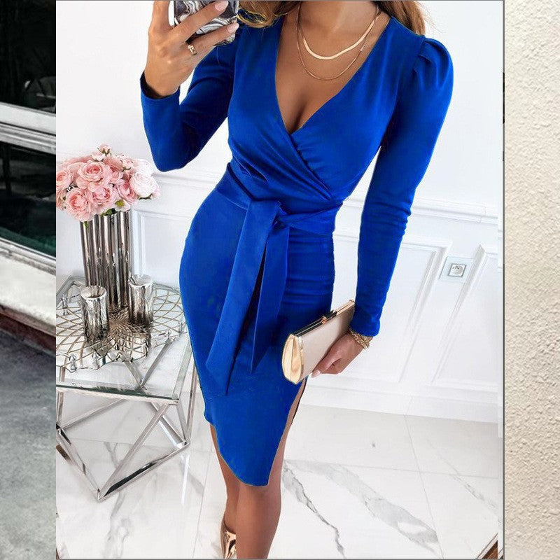 Elegant V-neck Belted Midi Dress