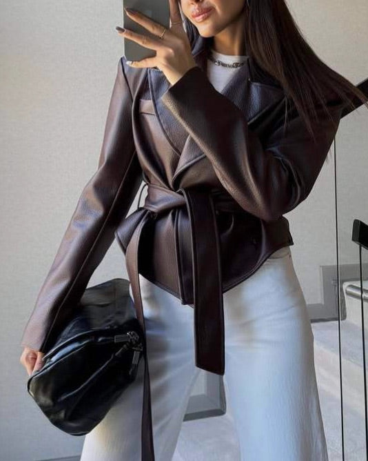 Trendy Belted Faux Leather Motorcycle Jacket
