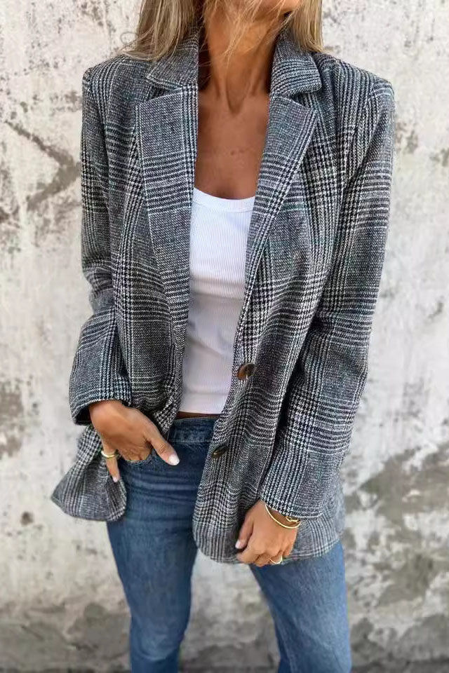 Casual Plaid Print Long Blazer Jacket