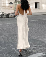 Beige Crossover Halterneck Satin Maxi Dress