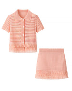 Tassel Short-Sleeved Knit Top and Miniskirt Two-Piece Set