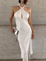 Beige Satin Crossover Halter Maxi Dress