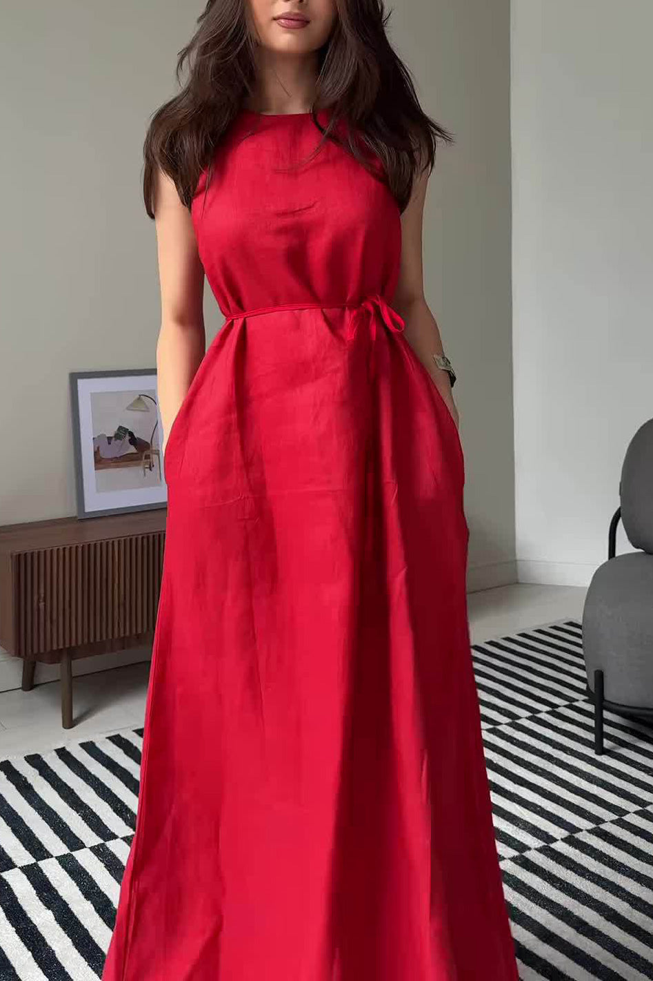 Linen Waist-Tie Sleeveless Maxi Dress