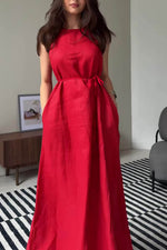 Linen Waist-Tie Sleeveless Maxi Dress