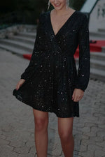 Sequin Long Sleeves Waist-Tie Mini Dress