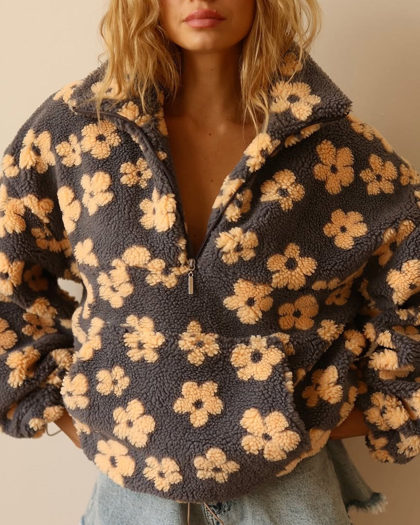 Sweet Floral Faux Sherpa Kangaroo Pocket Sweatshirt