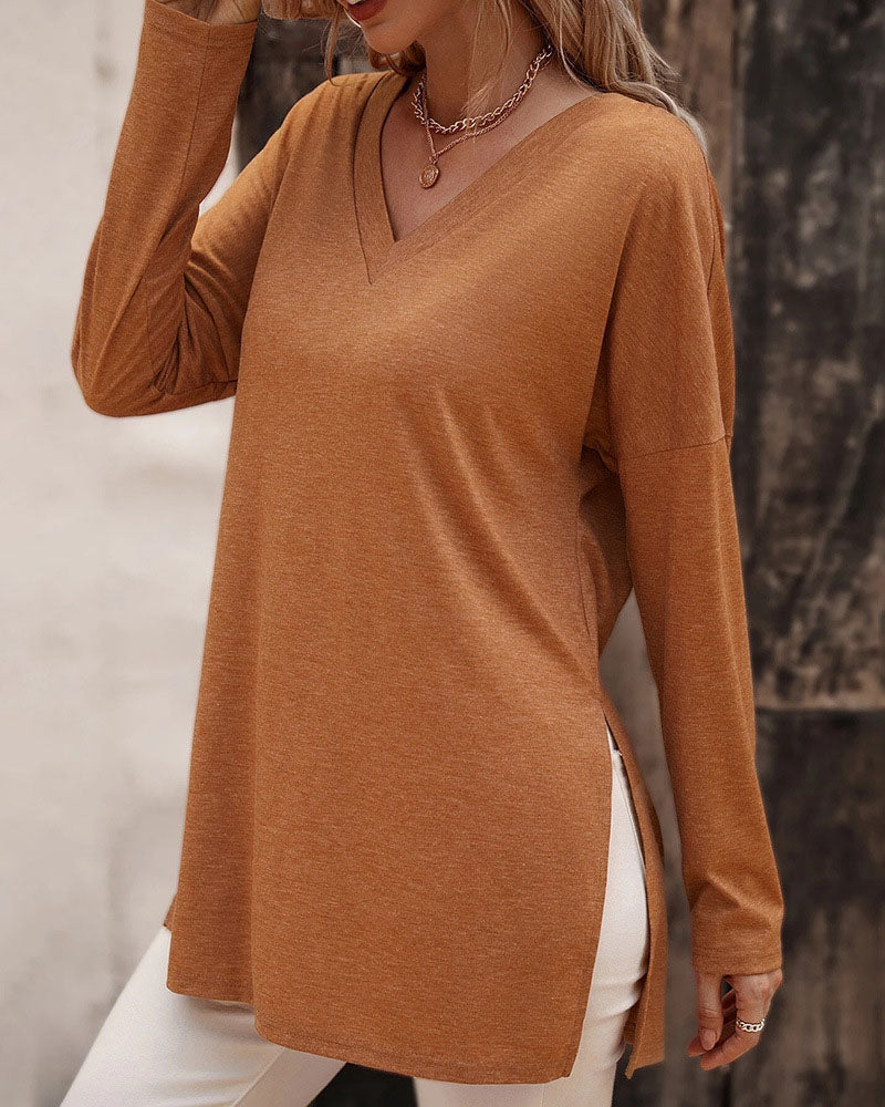Solid Long-sleeved Side Split T-shirt