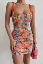 Colorful Floral Mosaic Ruched Mini Dress