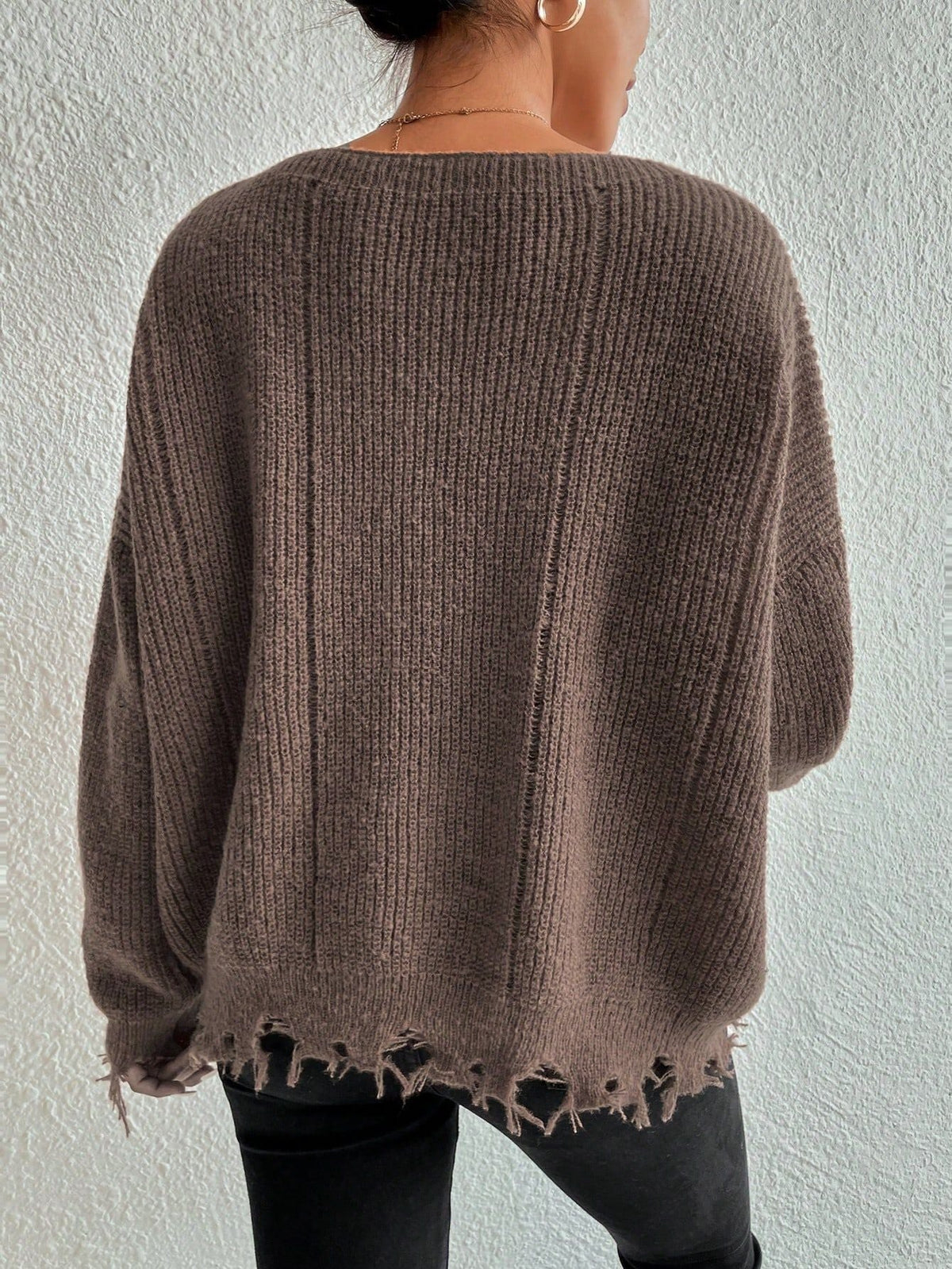 Solid Ripped Bottom Hemline Knit Sweater