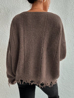 Solid Ripped Bottom Hemline Knit Sweater