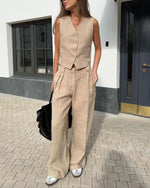 Comfortable Sleeveless Vest and Pants Linen Two Piece Suits