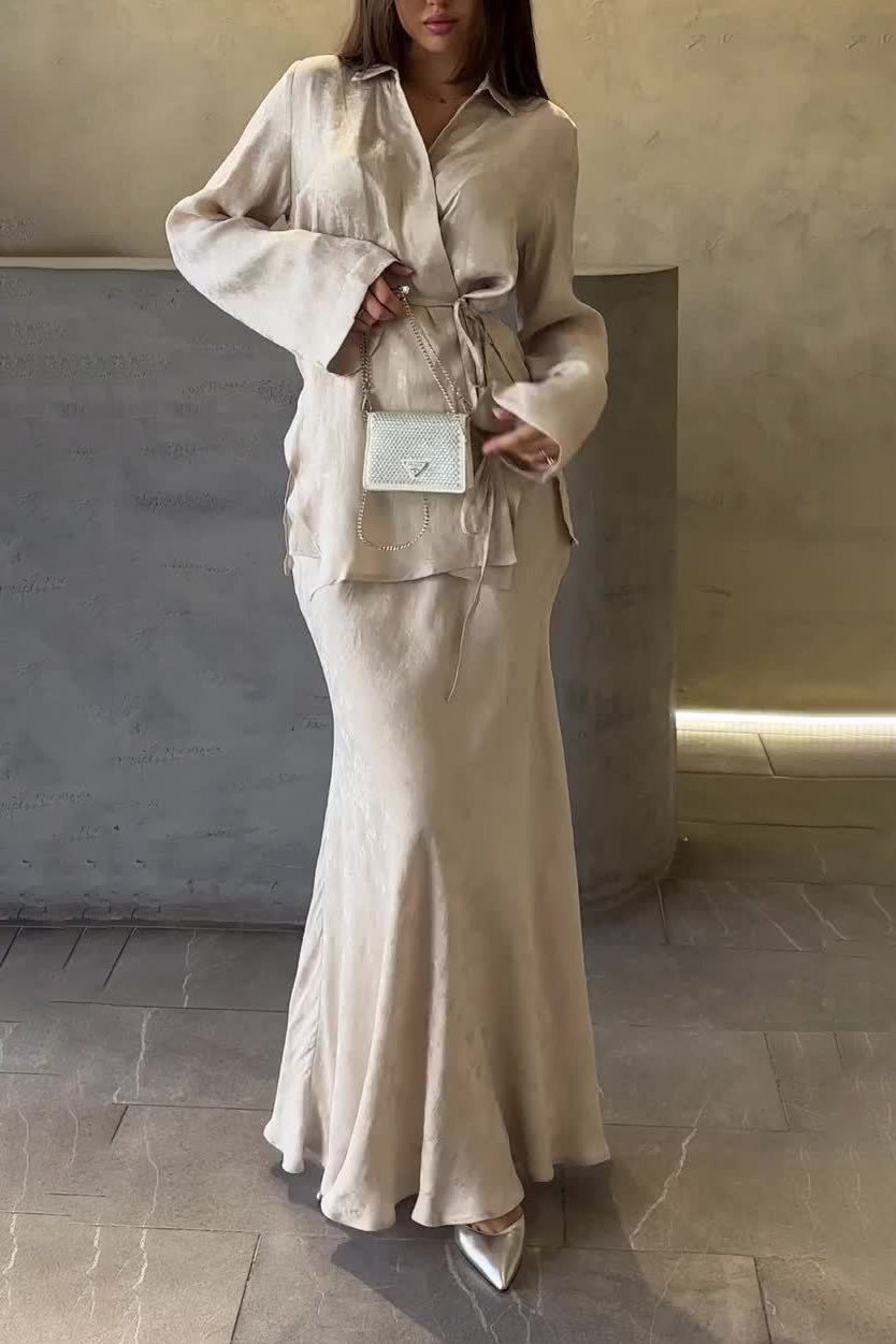 Beige Drape Tie Shirt Top and Skirt Two-Piece Set