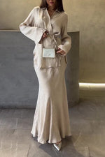 Beige Drape Tie Shirt Top and Skirt Two-Piece Set