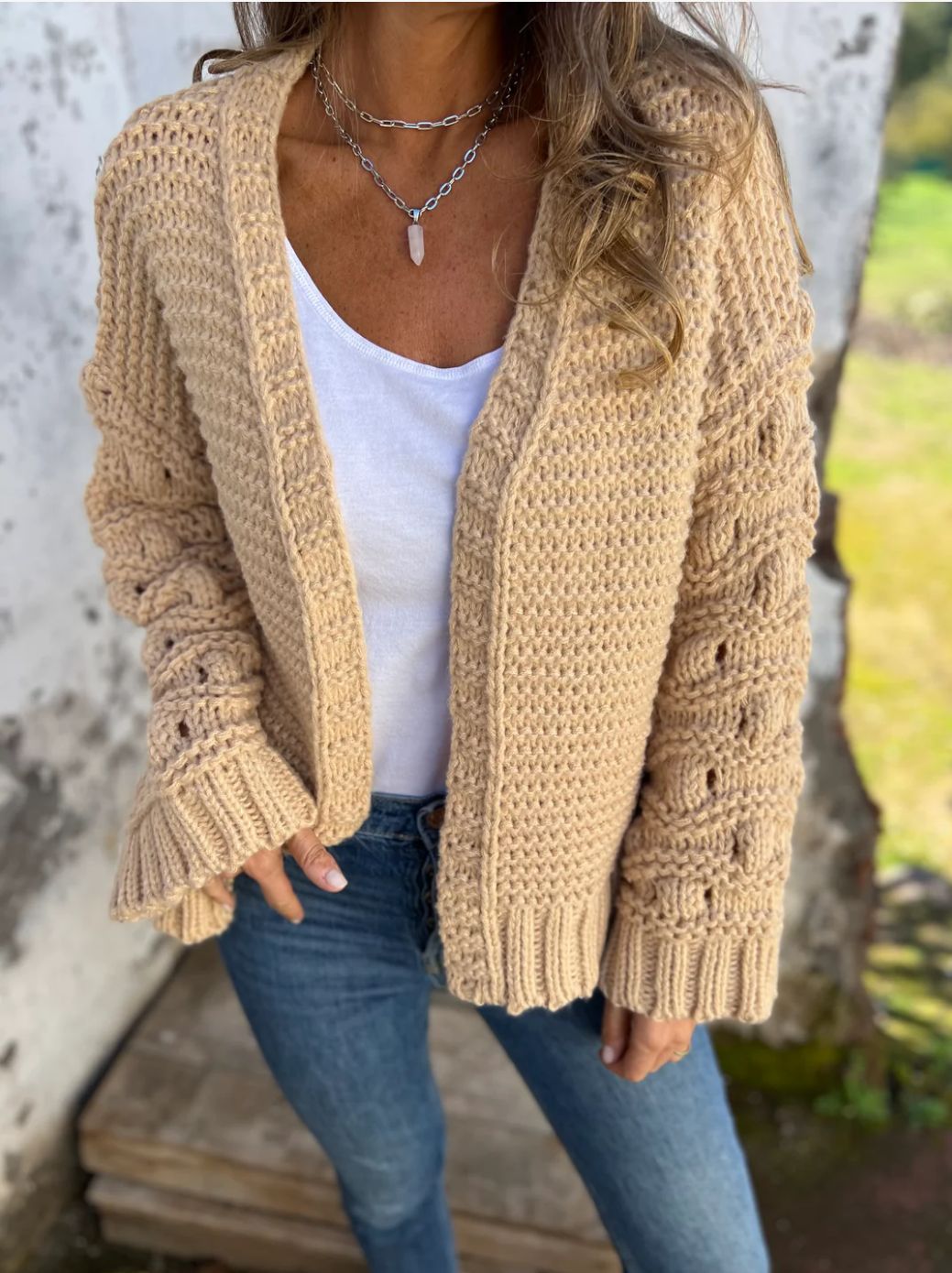 Thick Cable Knit Sleeve Knit Cardigan