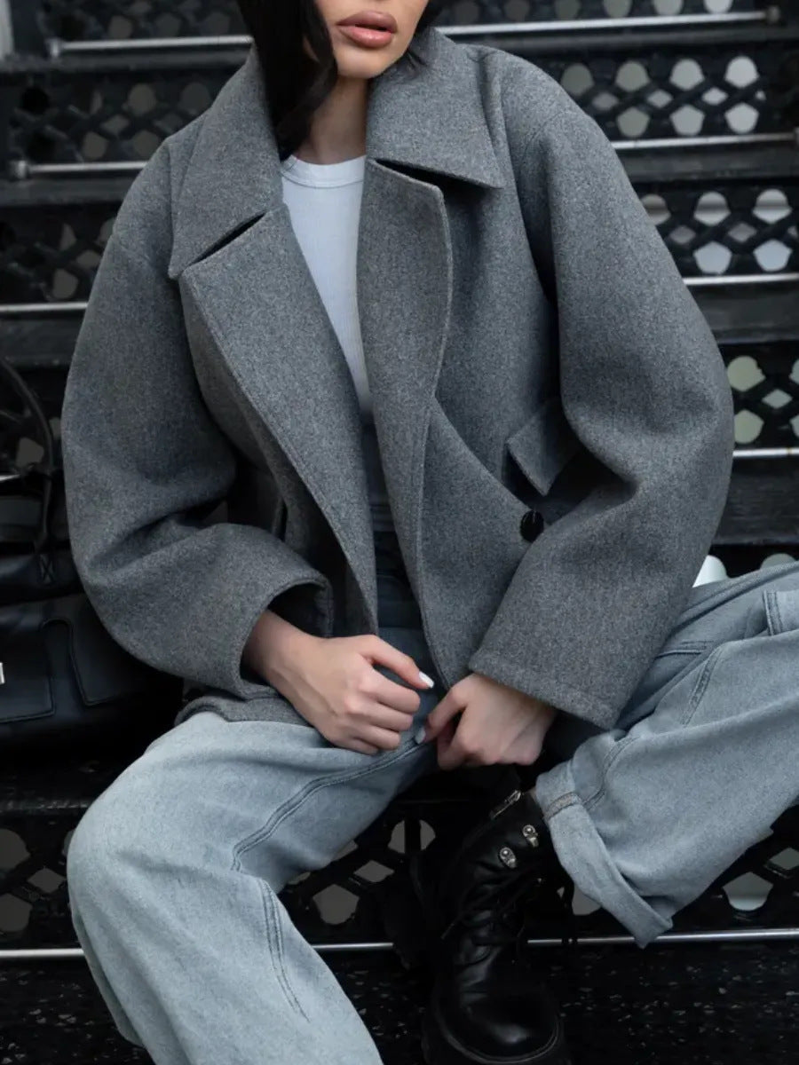 Grey Notched Lapel Short Wool Coat