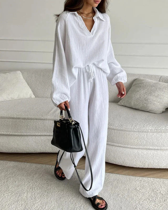 Casual Polo Top and Drawstring Pants Two-Piece Set