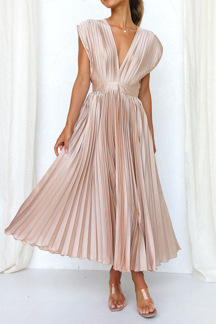 Satin Pleated V-Neck Midi Dress