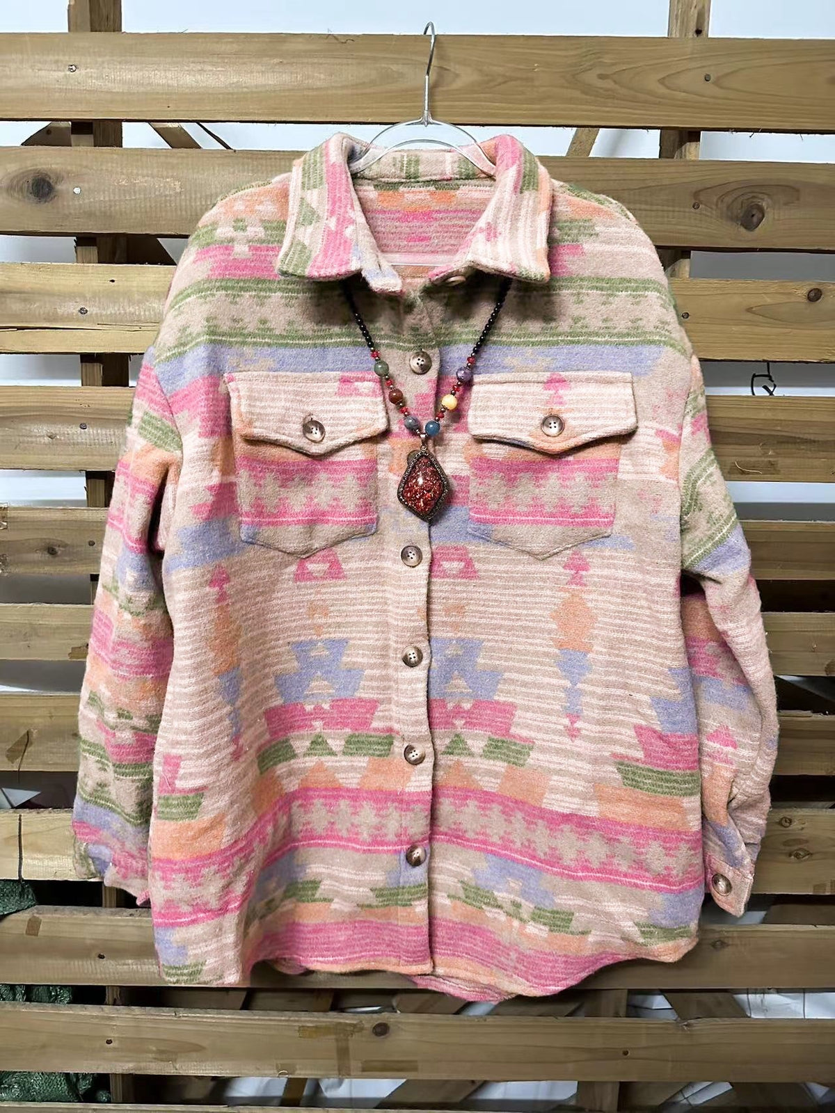 Pink Geo Print Button Down Jacket