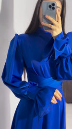 Solid Long-sleeved Belted Midi Dress