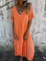 Comfy Short Sleeve Linen Midi Dress