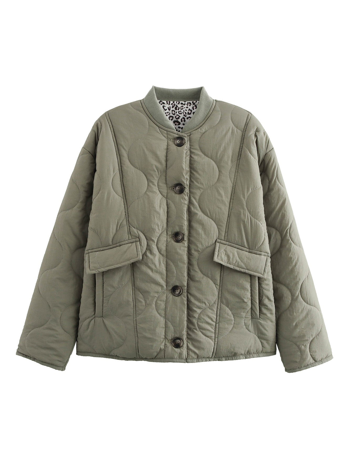 Casual Leopard Lining Quilted Button Down Jacket