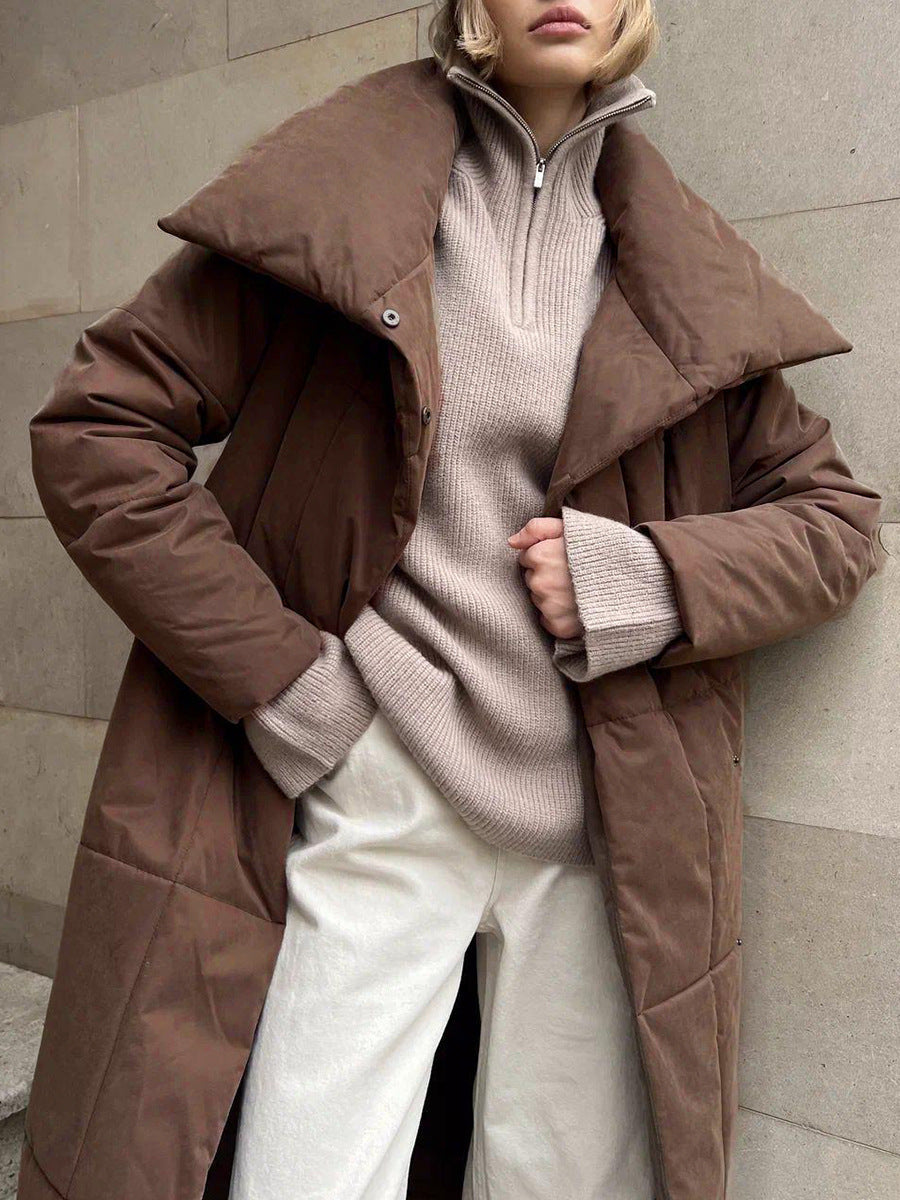 Large Lapel Tie Belted Long Cotton-Pad coat