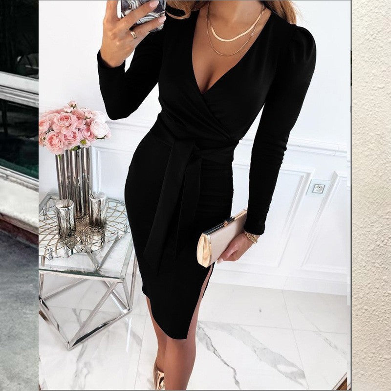 Elegant V-neck Belted Midi Dress