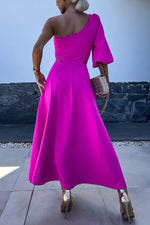 Rosette One-Shoulder Split Satin Midi Dress