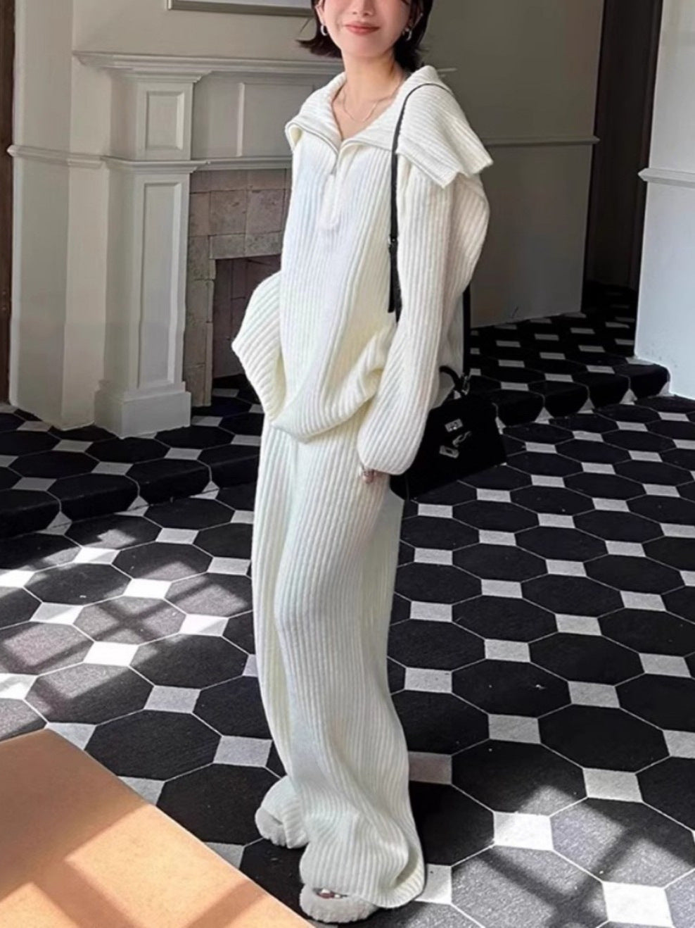 Slouchy Zippered Knit Sweater and Wide-Leg Pants Two-Piece Set