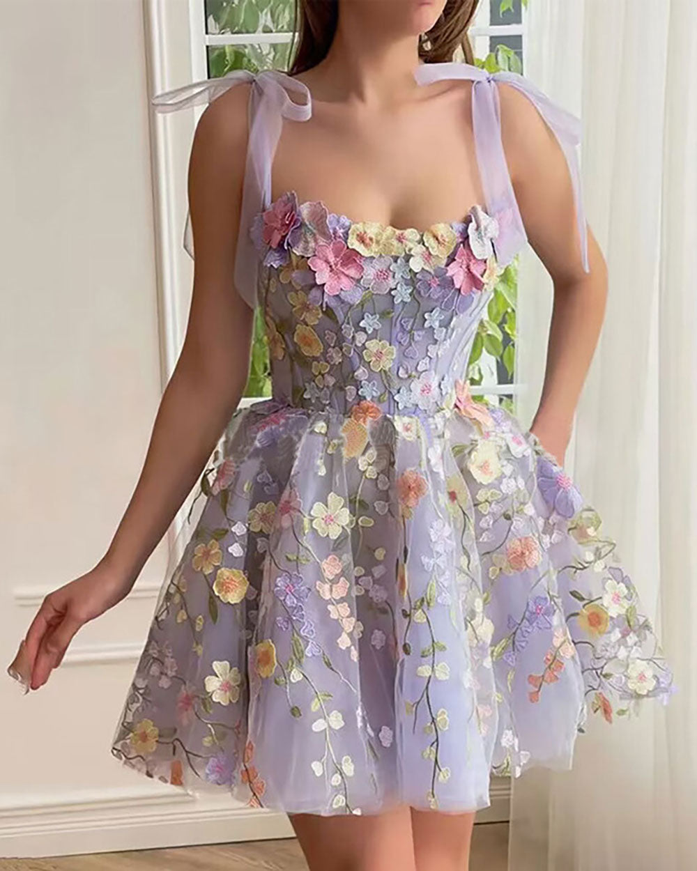 Purple Embroidered Floral Shoulder-Tie Mini Dress