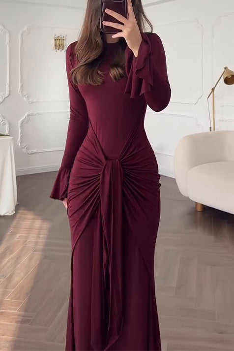 Fashionable Long Sleeves Waist Self-tie Maxi dress