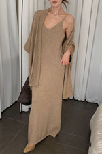 Chic Shawl Coat and Midi Dress Knit Two Piece Suit