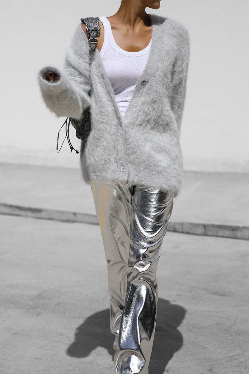 Fuzzy Long Sleeve Buttoned Knit Cardigan