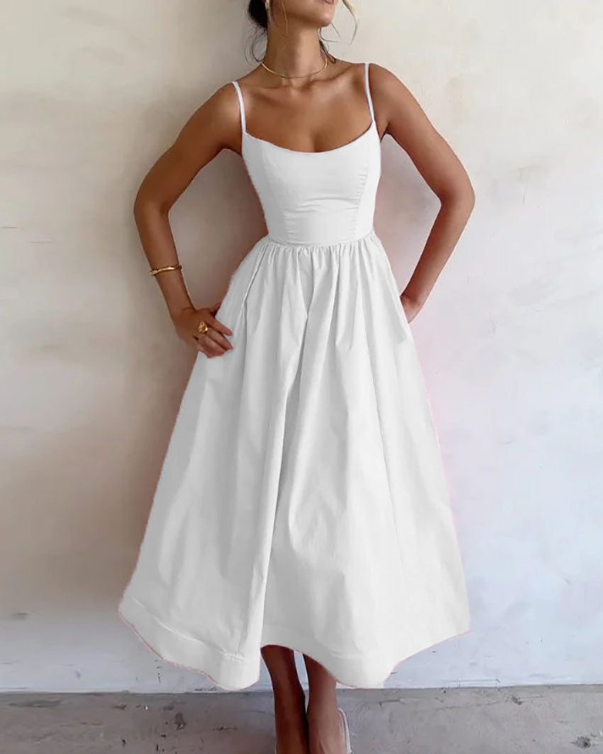 Solid U-neck Waist Pleated Slip Dress