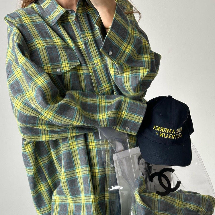 Retro Tartan Print Button Down Loose Shirt