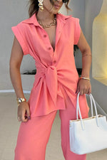 Tie-Waist Shirt and High-Waisted Pants Two-Piece Set