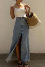Blue High Slit Denim Skirt