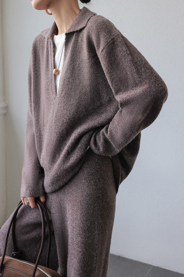 Thermal V-neck Knit Sweater and Pants Two-Piece Set