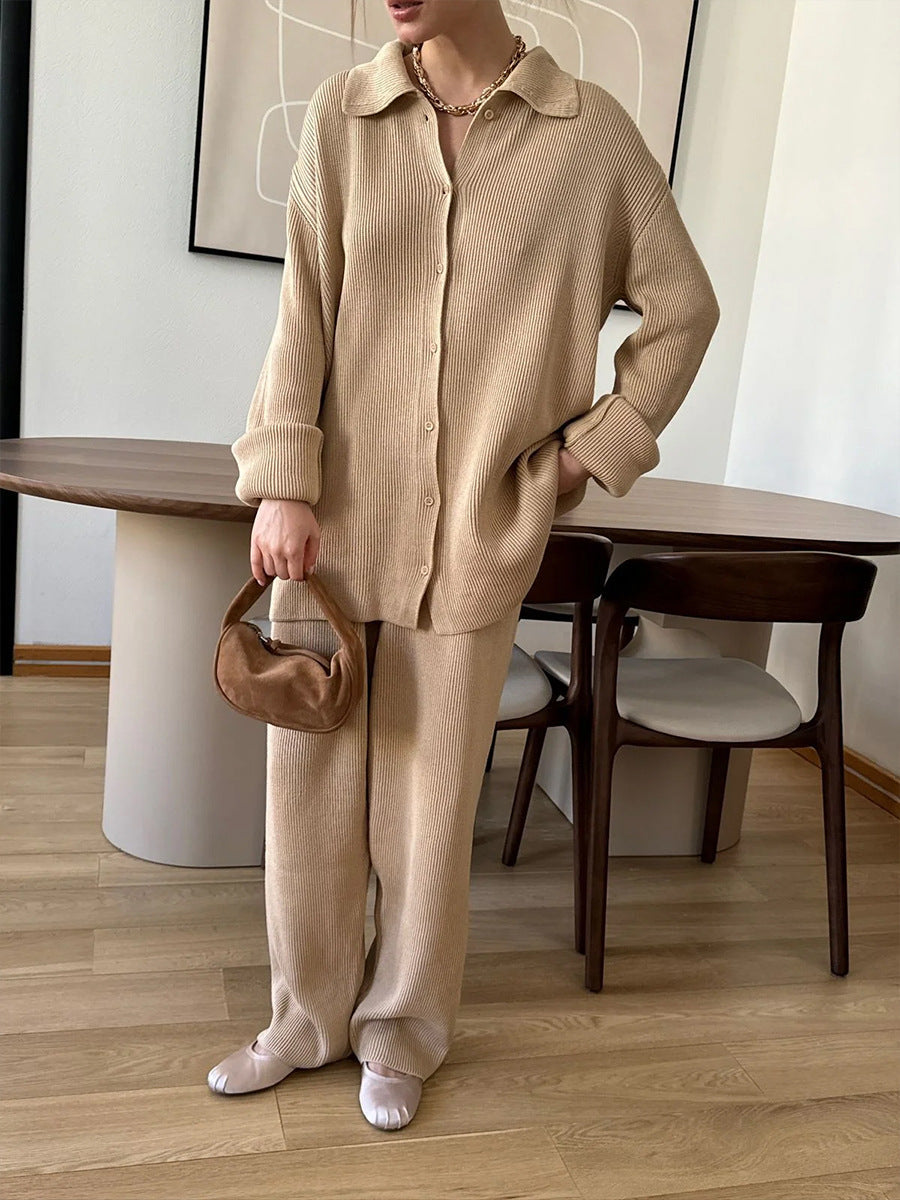 Casual Ribbed Knit Jacket and Knit Pants Two-Piece Suit