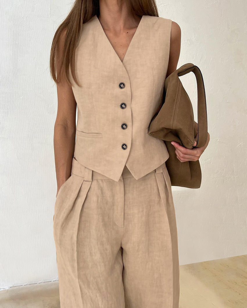 Casual Linen V-neck Vest and Pants Two Piece Suit