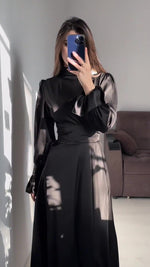 Solid Long-sleeved Belted Midi Dress